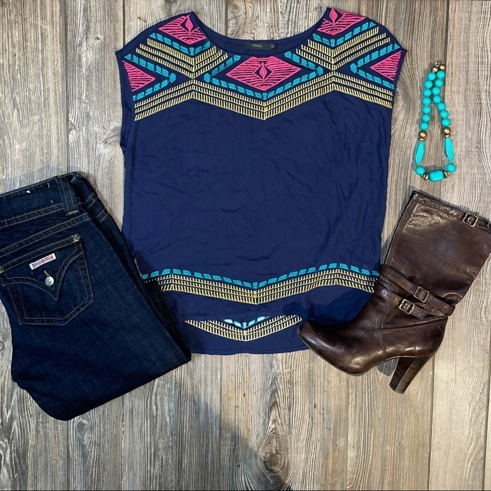 THML Navy Embroidered Sleeveless Top